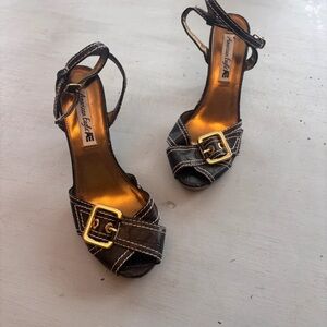 American Eagle Outfitters Black Strappy Heels with Gold Buckle